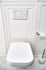 Elegant contemporary toilet bowl with tank hidden behind white panel and flush buttons on wall in light restroom close view
