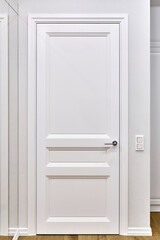 Classic closed white door and light switches on white wall in spacious decorated room of luxury...