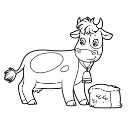 Cute cartoon cow and hay coloring book on white background