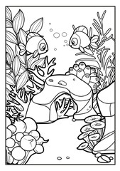 Cartoon seabed with  fishes, corals, algae, stones and anemones  outlined variation for coloring page