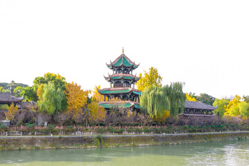Beautiful Autumn Scenery at Wangjjianglou Pavilion and park, by Jinjiang River, in Chengdu,...