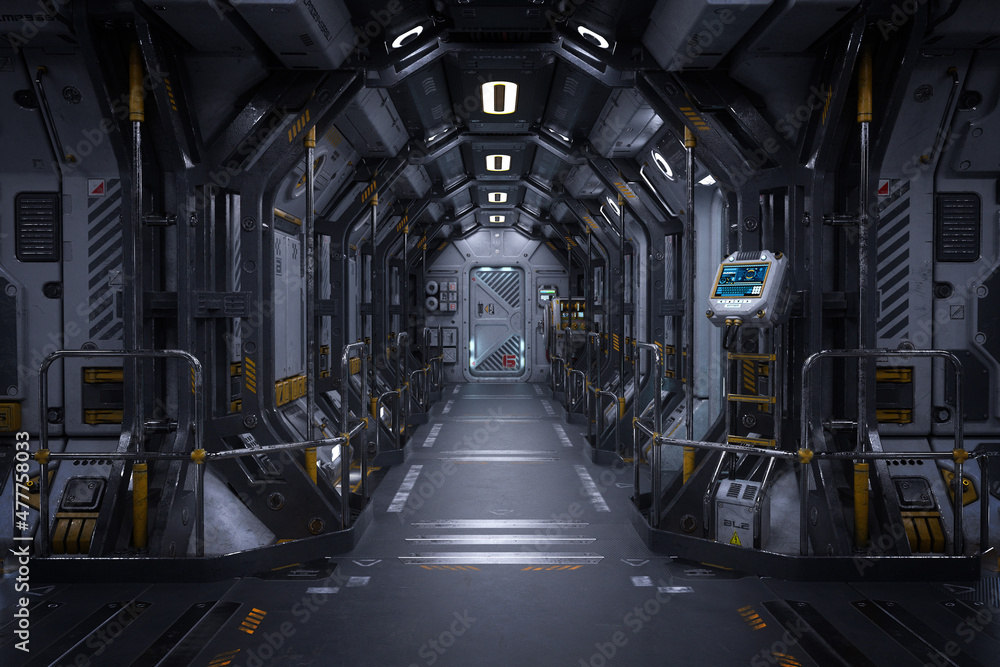 Poster futuristic space station or spaceship interior corridor. science fiction concept 3d rendering.