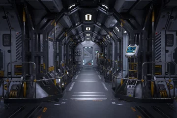 Fotobehang Futuristic space station or spaceship interior corridor. Science fiction concept 3D rendering. © IG Digital Arts