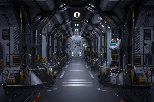 Futuristic space station or spaceship interior corridor. Science fiction concept 3D rendering.