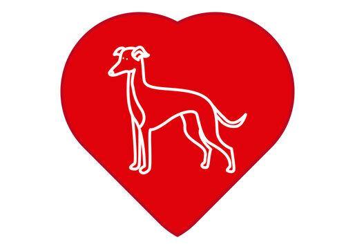 recommend clip art: Icono de corazón rojo con silueta de galgo. 