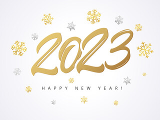 Obraz na płótnie Canvas Happy New Year 2023 golden logo text design. Vector holiday illustration with 2023 number, sparkling confetti and shining golden snowflakes on white background