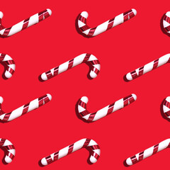 Santa's red-white candy cane seamless pattern on a red background.