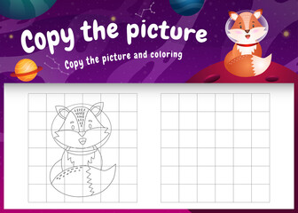 copy the picture kids game and coloring page with a cute fox in the space galaxy