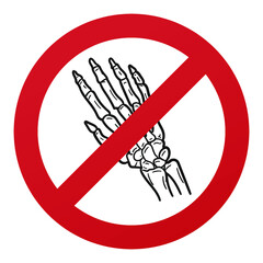 No Bone Hand Symbol Isolated on White Background. Anatomy Vector Illustration Prohibition Stop Sign.