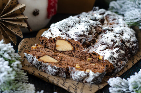 Chocolate stollen with marzipan, dried fruits and nuts