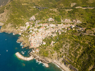 aerial/drone view of Manarola, a small village of the Cinque Terre National Park, Tuscany Italy	