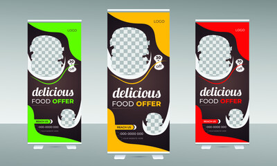 Food roll up banner template, Restaurant roll-up banner design. Vertical roll-up template, banner stand, or flag design layout. New food design
