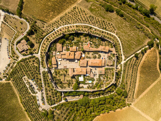 aerial drone view of medieval castle Monteriggioni in Tuscany in Italy