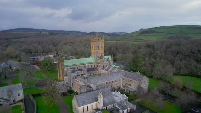Buckfast Abbey Church from a drone, Buckfastleigh, Devon, England, Europe