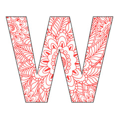 Adult coloring page with letter W of the alphabet. Ornamental font
