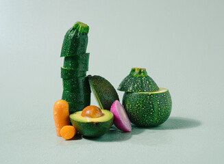 Various vegetables arrangement with water drops against the light green background. Vegan diet...