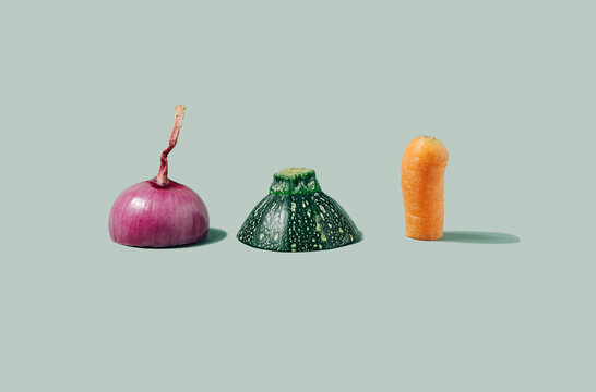 Naklejki Plant ingredients layout on a pastel green background. Fresh vegetables minimal concept.