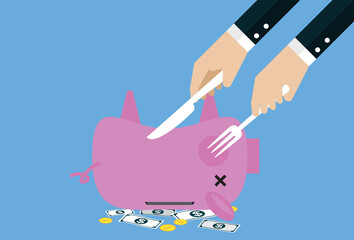 Dinner with piggy bank, deposit account, withdraw money from the piggy bank