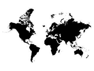 Detailed standard world map black silhouette vector on white background. World map template with continents, North and South America, Europe, Asia, Africa, Australia. Mercator projection world map