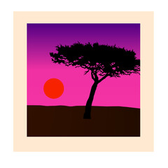 minimal sunset landscape , sun and tree silhouette