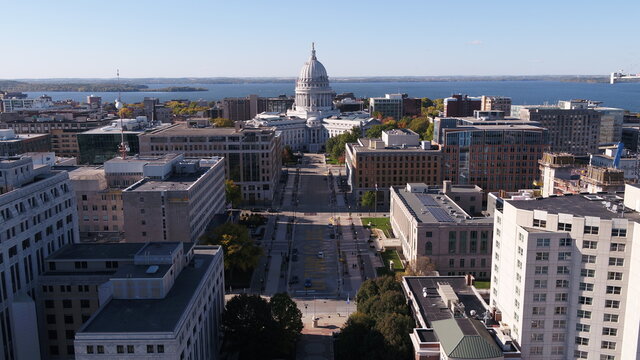 Drone in Downtown Madison, WIsconsin Looking at State Captiol Building