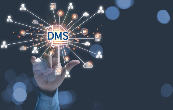 Businessman touching DMS. with icon virtual online. Document Management System. Database and process automation to manage files, knowledge, and documentation in the company.