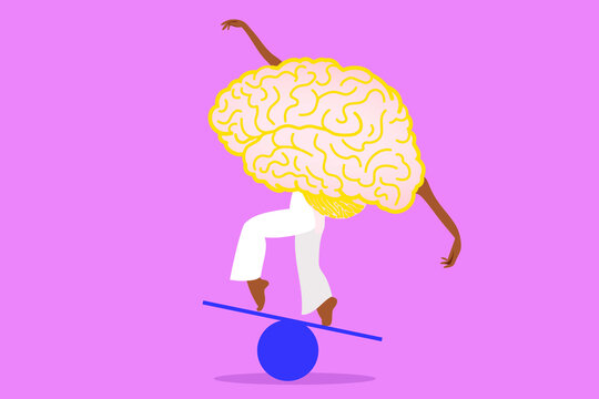 balancing mental health and feelings - brain with legs and arms balancing on a ball
