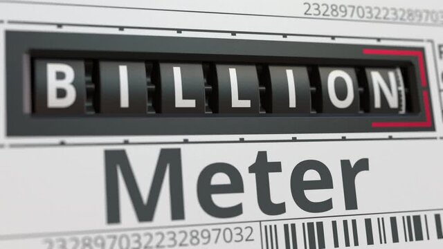 Analog counter or meter with BILLION text. Conceptual 3D animation