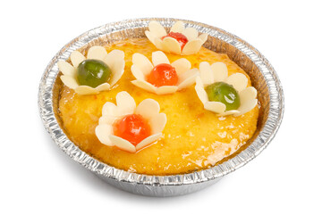 Homemade Mandarin Orange Cake topping with decorated flowers in tinfoil, isolated on white background. Clipping path