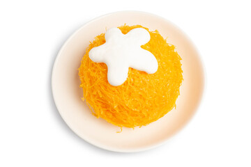 Fresh Homemade Golden Egg Yolk Threads Cake, Thai sweets, suitable for teatime, isolated on white background. Clipping path