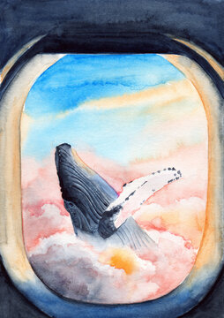 Watercolor illustration of a big blue whale in pink dawn clouds in an airplane window