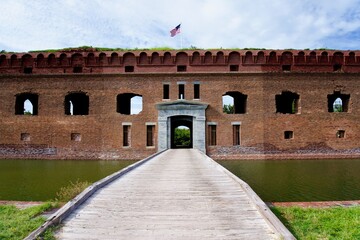 Fort Jefferson at Dry Tortugas National Park in Florida Keys. Moat encircles the fort, Sally Port...
