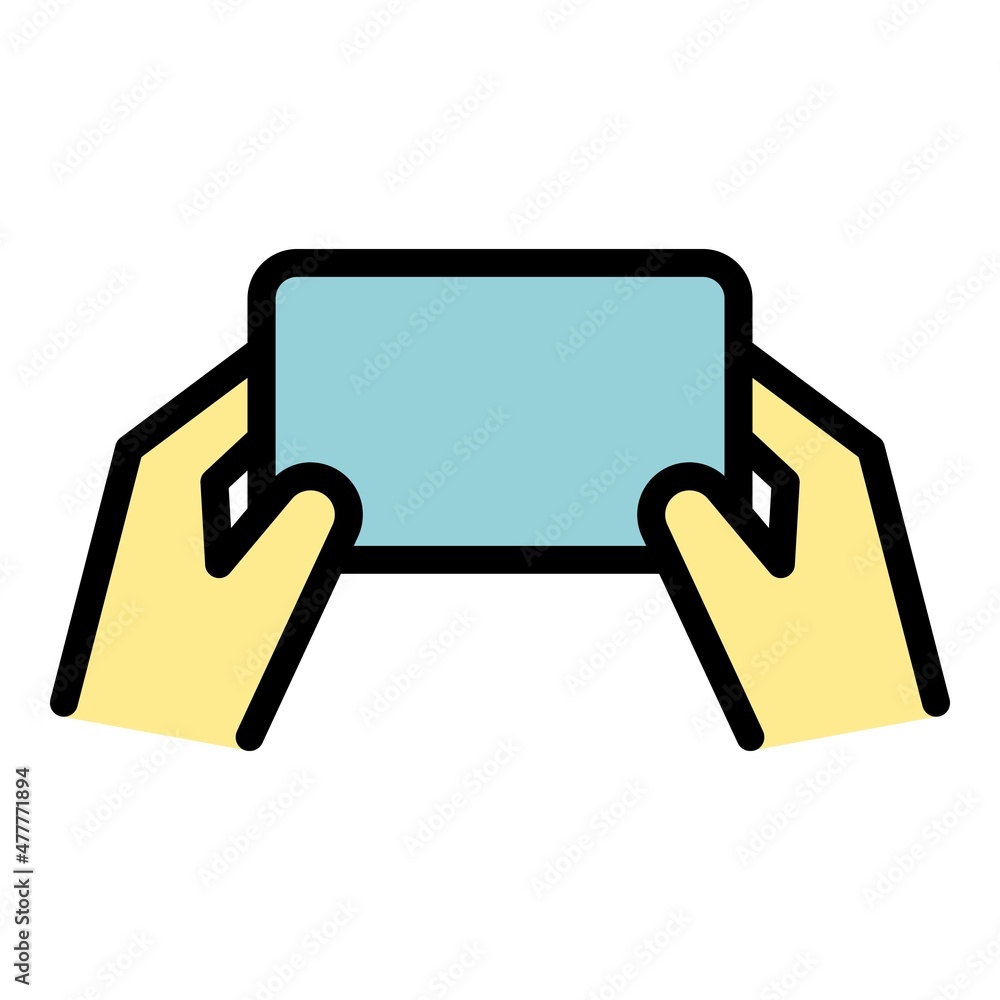 Poster smartphone in two hands icon. outline smartphone in two hands vector icon color flat isolated