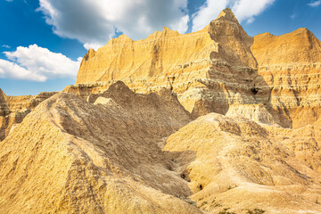 Badlands National Park panorama in South Dakota. Badlands protects sharply eroded buttes and pinnacles, along with the largest undisturbed mixed grass prairie in the United States.