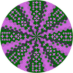 Ornament with green and purple diamond pattern, with stars, circles in pink, purple and green for many purposes