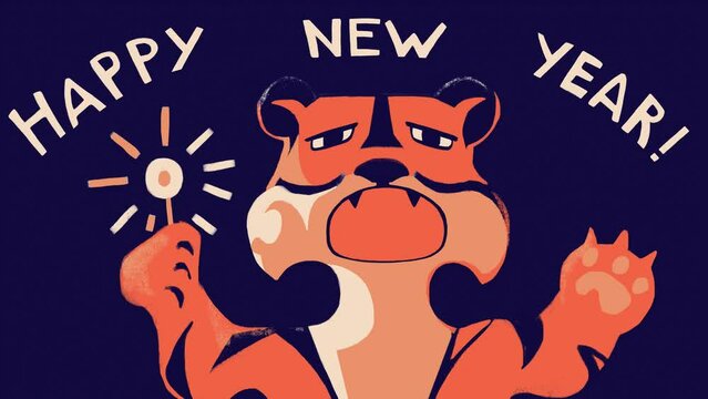 The red tiger, symbol of the year 2022, appears from the bottom of the frame showing part of the muzzle, and then the entire muzzle, mouth wide open, with a sparkler in its paw,wishes a Happy New Year