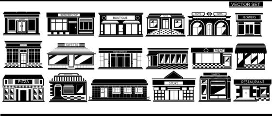 Set of black and white city buildings on a white background. Set of icons of markets, grocery stores, restaurants, cafes, pizzerias and other city buildings.