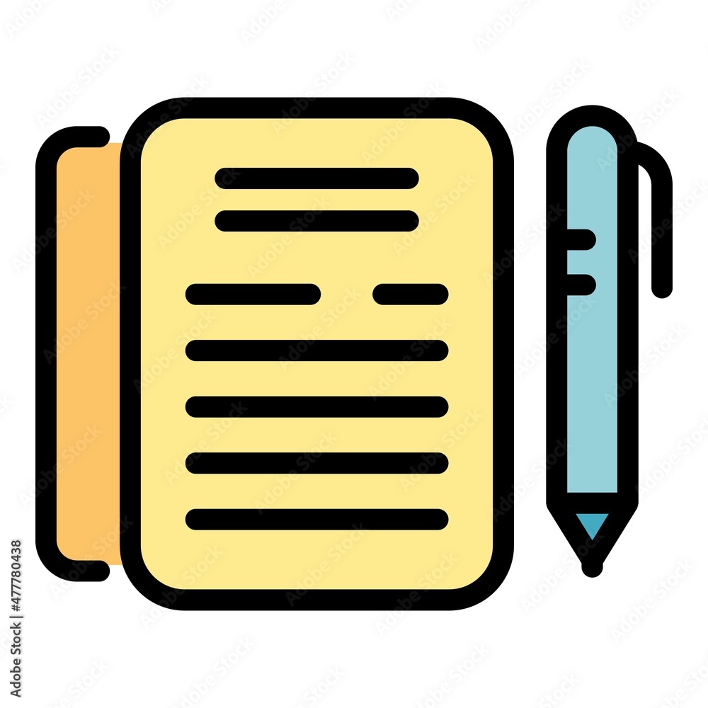 Poster notebook and pen icon. outline notebook and pen vector icon color flat isolated