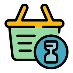 Shop basket timer icon. Outline shop basket timer vector icon color flat isolated