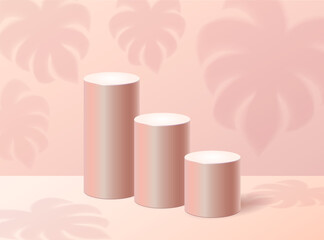 Cylindrical podium. Three pedestals in height. A stage for placing awards, items, cosmetics or other. Peach color background. Mock up for your design. 3D visualization. Leaf shadow