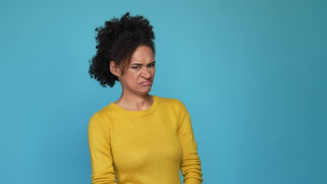 Frustrated lady not like bad smelly empty space isolated blue color background