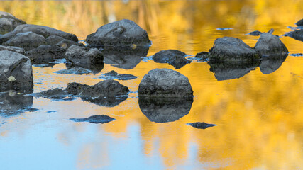 Stepping stones in clear still pond water and yellow colorful reflection landscape background