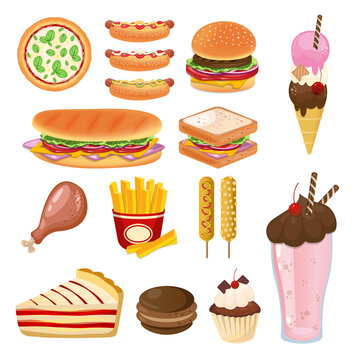 Fast food and desserts illustration vector concept template