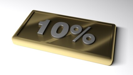 10% metallic brass and chrome tag on white surface - 3D rendering illustration