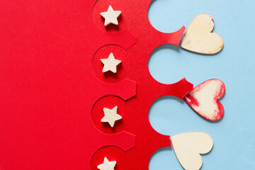wooden stars and grungy hearts on fancy shaped paper
