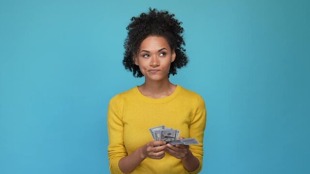 Lady count savings profit billion dollars isolated blue color background