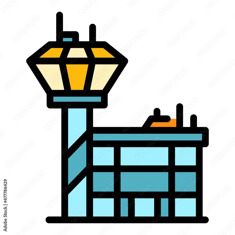 Poster plane tower control icon. outline plane tower control vector icon color flat isolated