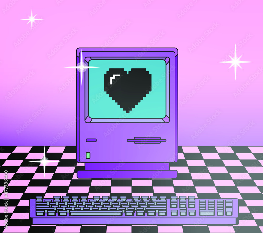 Poster old retro computer with crt monitor and keyboard. vaporwave vintage style aesthetics.