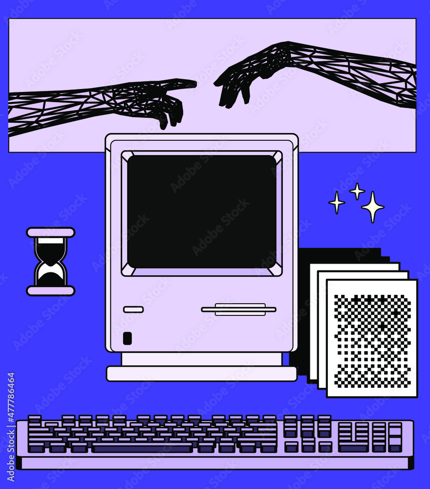 Poster old retro computer with crt monitor and keyboard. vaporwave vintage style aesthetics.