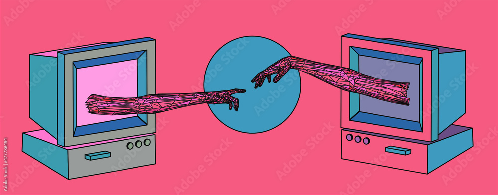 Poster vector 3d model of hands going to touch together, reminiscent of michelangelo's artwork.
